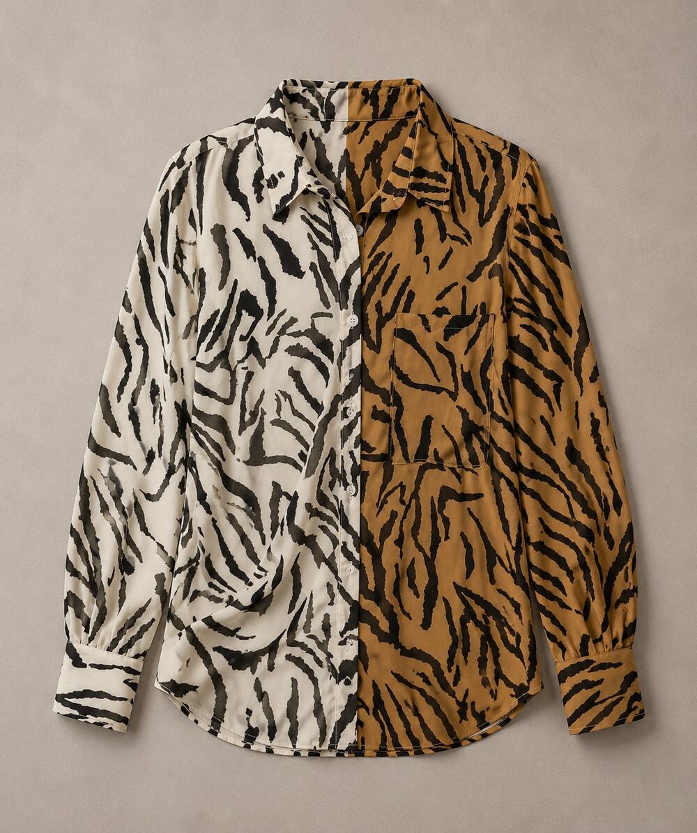 Colorblock Zebra Print Button-Up Blouse | Black, Ivory & Camel Oversized Shirt